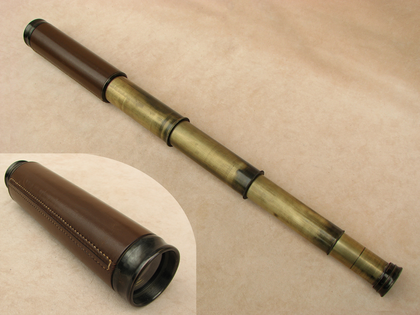 3 draw leather clad pocket telescope with pancratic tube to 20x magnification.